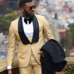 New Elegant Champagne Blazer Men Suits Black Shawl Lapel Single Breasted One-Button Tailor-made 3 Piece Jacket Pants Vest Set