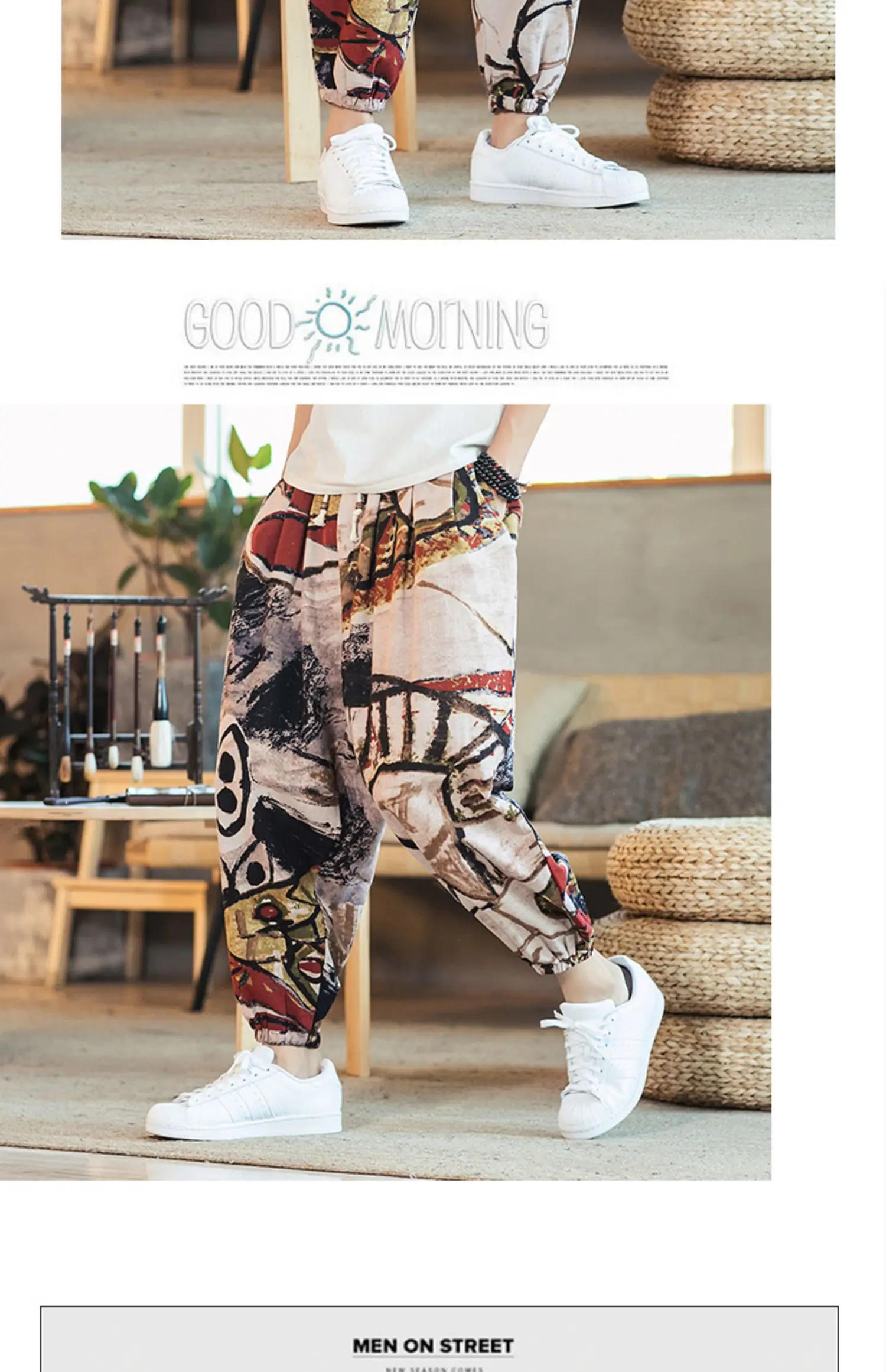 Description Picture 5 of itemMen Printed Harem Pants 2024 New Cotton Linen Drawstring Trousers Streetwear Hip Hop Fitting Jogging Loose Casual Wide Leg Pants