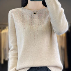 Women's Pullover Sweater 2024 Autumn/Winter Pure Wool Knitwear Loose Long sleeved Hot Diamond Fashion Warm Cashmere Top Slim Fit