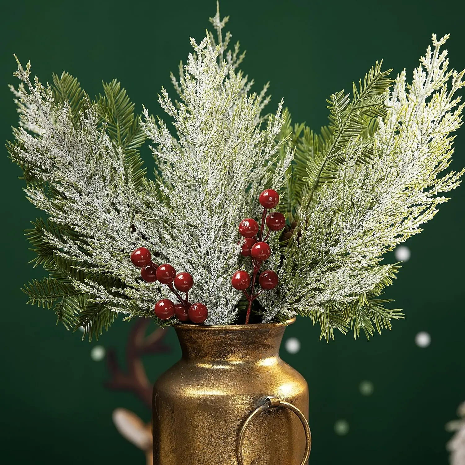 Description Picture 6 of itemChristmas Snow Frosted Pine Branches Artificial Faux Cedar Fake Sprigs Pine Leaves Plastic Cypress Garland Wreath DIY Decoration