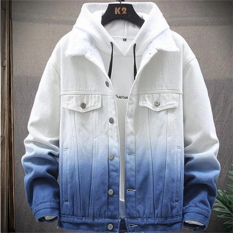 Description Picture 4 of itemSpring Mens Denim Jackets Trendy Thick Slim Bomber Gradient Denim Outerwear Male Warm Cowboy Jeans Coats Clothing Plus Velvet
