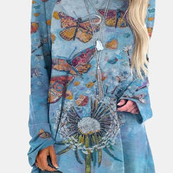 Women's plus Size Long Sleeve Pullover T-Shirt round Neck Commuter Style Butterfly Pattern Fall Winter New Top