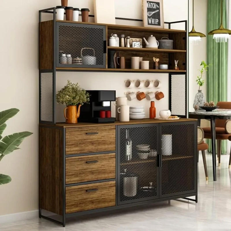 Description Picture 2 of itemCabinet with Hutch, 3 Metal Mesh Doors, 3 Drawers & Shelves, Kitchen Pantry Cupboard Console Table, CabinetS