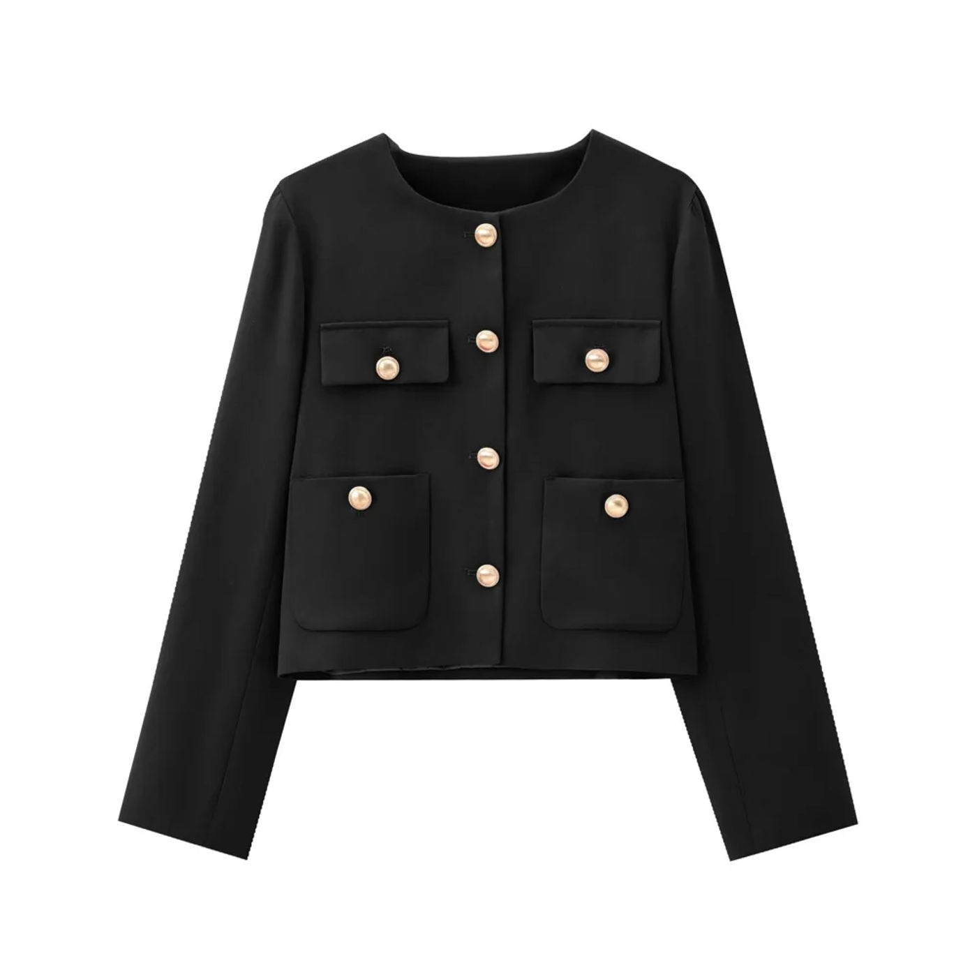 Description Picture 4 of itemTRZA-Cropped Jacket with Golden Buttons for Women, O Neck, Long Sleeve, Female Outerwear, Chic Tops, Fashion
