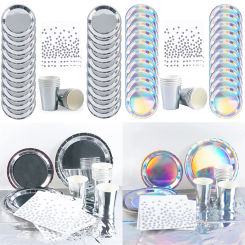 Silver Disposable Tableware Set Laser Silver Color Paper Plate Cup Napkins Tablecloth Birthday Wedding Party Decoration Supplies
