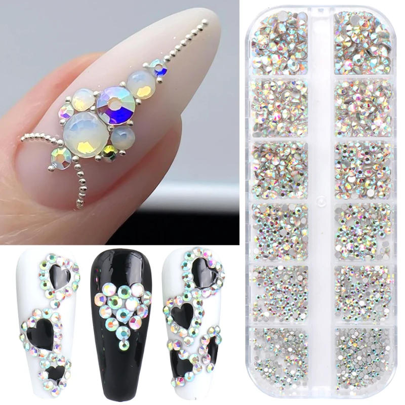 Description Picture 5 of item12 Grids Multi-size AB Crystal Nail Rhinestones Flat Bottom Crystal Diamond Stones Charms 3D Nail Art Decorations Manicure Parts