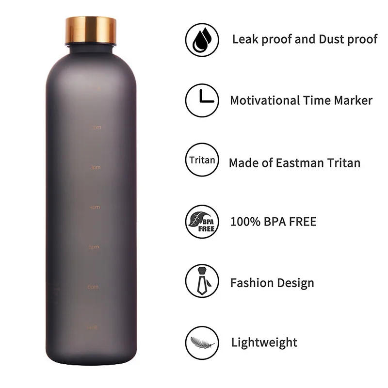 Description Picture 5 of item1L Water Bottle with Time Marker 32 OZ Fitness Sports Outdoor Travel Portable Leakproof Drinkware BPA Free Frosted Drink Bottles