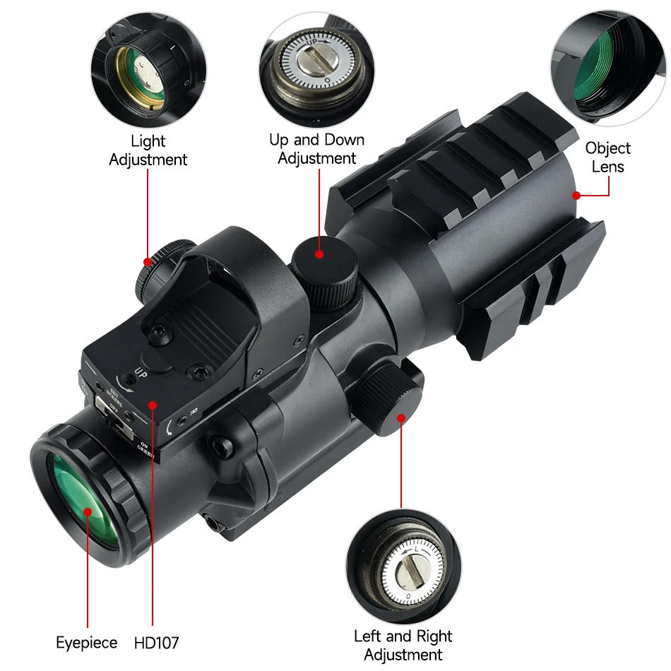 Description Picture 6 of item4x32 Compact HD107 Red Dot Sight Tactical Reflex Optics Rifle Scope Outdoor Shooting Hunting Riflescope Fit 20mm Weaver Rail