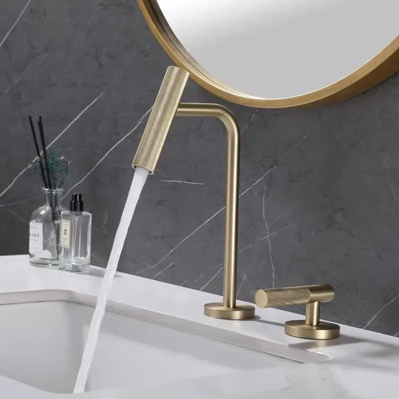 Description Picture 3 of itemGray Basin faucet Bathroom two holes Widespread Brushed Gold sink tap 360 rotating widespread Black