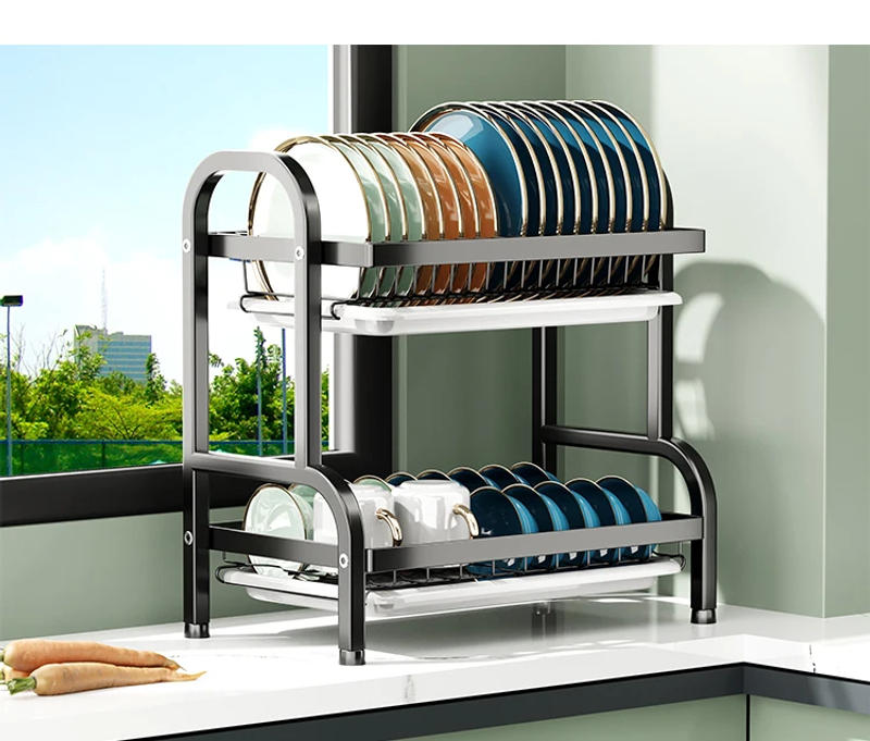 Description Picture 5 of item2-Tier Dish Drying Rack with 2 Drainboards Large Capacity Metal Kitchen Organizer with Utensil Holder Countertop Rack for Sink