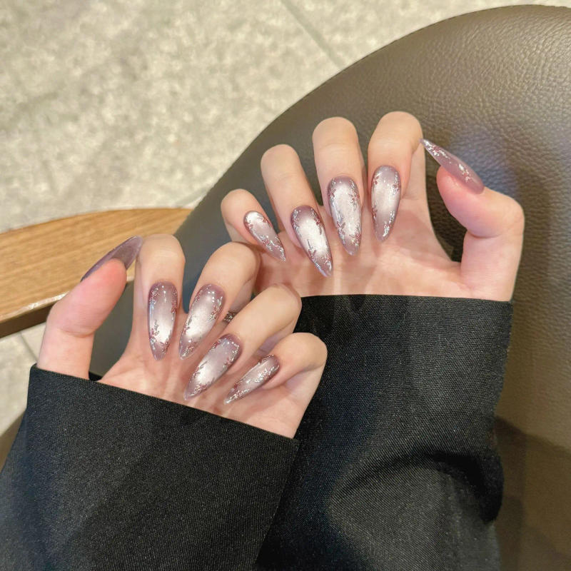 Description Picture 3 of itemHandmade Press on Nails Hand-painted Flowers Fake Nails Full Cover Wearable Shiny Purple Cat Eye Almond False Nail Patches