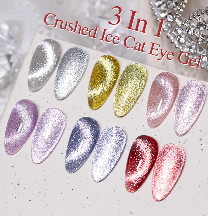 Description Picture 2 of itemBOZLIN 7.5ml 3 In 1 Crushed Ice Magnetic Gel Nail Polish Glitter Cat Eye Nail Gel Soak Off UV LED Semi-Permanent Varnish