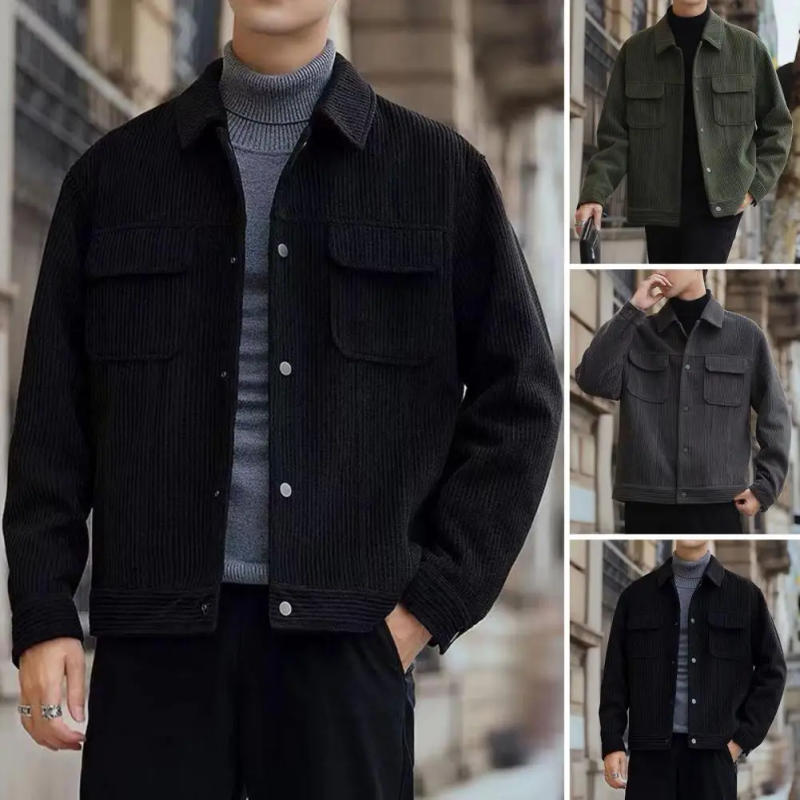 Description Picture 3 of itemMen Fall Winter Jacket Turn-down Collar Single-breasted Cardigan Jacket Loose Warm Thick Casual Long Sleeve Men Coat