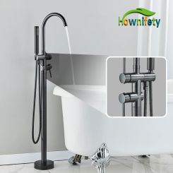 Hownifety Black Bathroom Floor Standing Bathtub Faucet Hot and Cold Type ABS Plastic Handheld Mixer Shower Systems Dual Handles