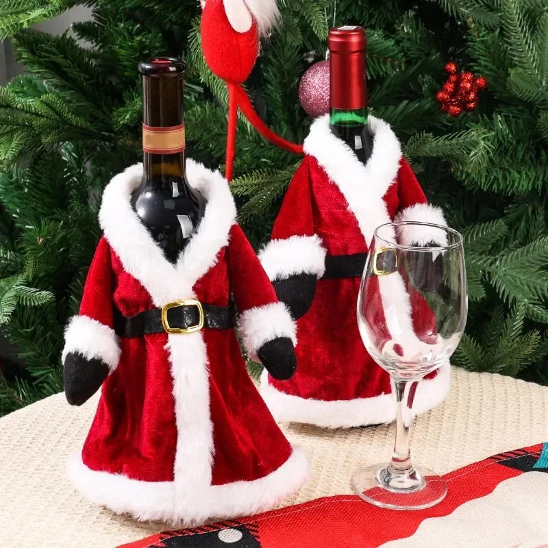 Description Picture 6 of item1/10PCS Christmas Red Dress Wine Bottle Covers Velvet Wine Bottle Bags Xmas New Year Holiday Party Dinner Table Decoration Gifts