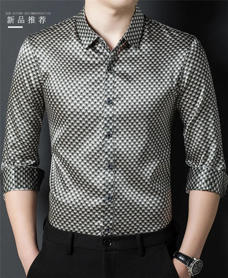 Description Picture 2 of item3D Print Luxury Silk Dress Shirt Men Long Sleeve Casual Loose Fit SpringNew Quality Smooth Comfortable High-End Camisa Masculina