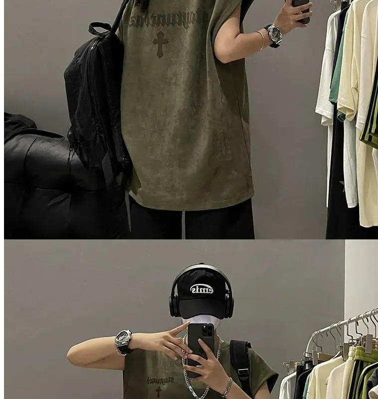 Description Picture 3 of itemMilitary green suede vest men's summer oversize heavyweight trendy brand vest sleeveless t-shirt American couple sweatshirt tops