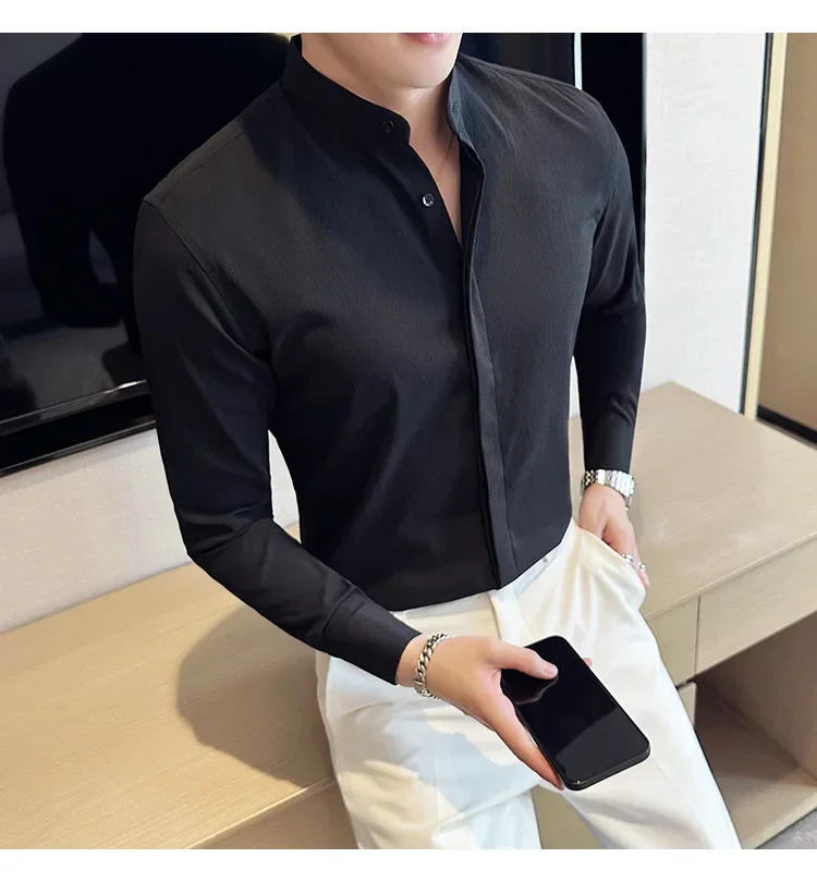 Description Picture 6 of itemBlack/White/Green Long Sleeve Formal Shirts For Men Clothing 2023 Stand Collar Business Casual Slim Fit Solid Tuxedo Blouses 4XL