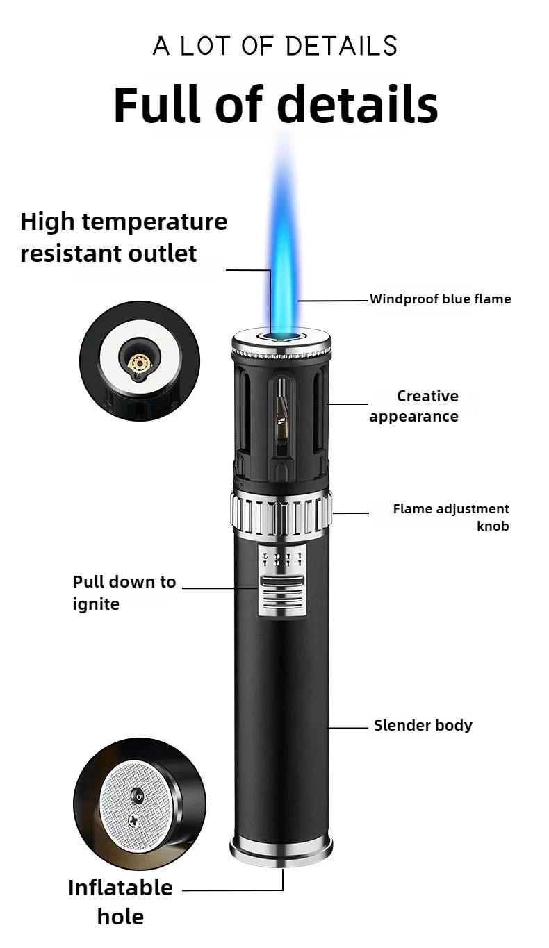 Description Picture 3 of itemNew Cylindrical Butane Gas Lighter, Outdoor Camping and Barbecue Portable Ignitor, Cigar Lighter, Metal, Windproof