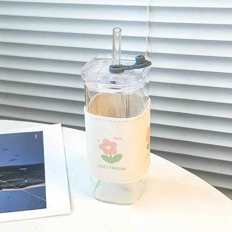 Description Picture 2 of itemSquare Heat Resistant Transparent Tulip Glass Cup with Lip and Straw  Milk Tea Coffee Cup Mugs Home Bar Drinkware Couple Gifts