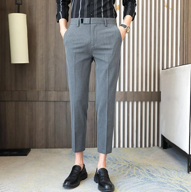 Description Picture 3 of itemMan Suits Pants Business Slim Fit Tressed Trousers for Men 9 Cropped Straight Social Tailoring Spring Clothes Slacks Formal Up