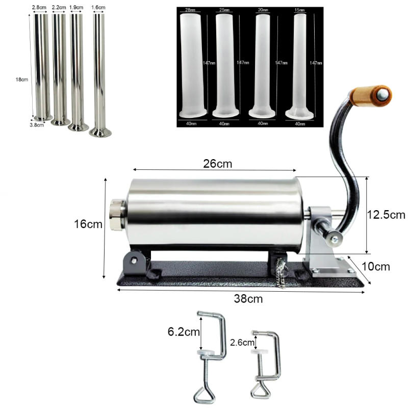 Description Picture 2 of item3L Sausage Stuffer With 8Pcs Tubes, Machine Manual Stainless Steel Horizontal Sausage Maker Filling Filler