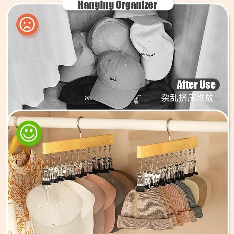 Description Picture 5 of item6/10 Clips Hat Holder,Household Multifunctional Organizer for Cap Socks Towel,Household Wooden Hats Hanger for Closet Storage