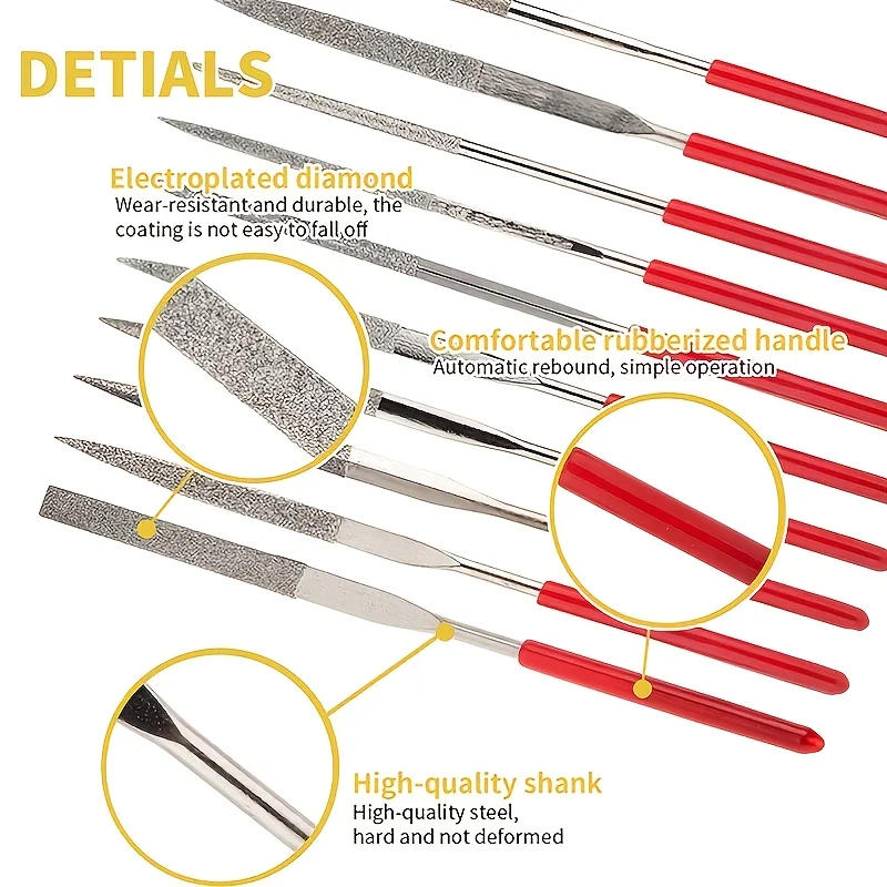 Description Picture 4 of item10Pcs Diamond Needle File Set For Jewelry Metal Wood Ceramic Glass Stone Craft Sharping Working Hand Carving Tool