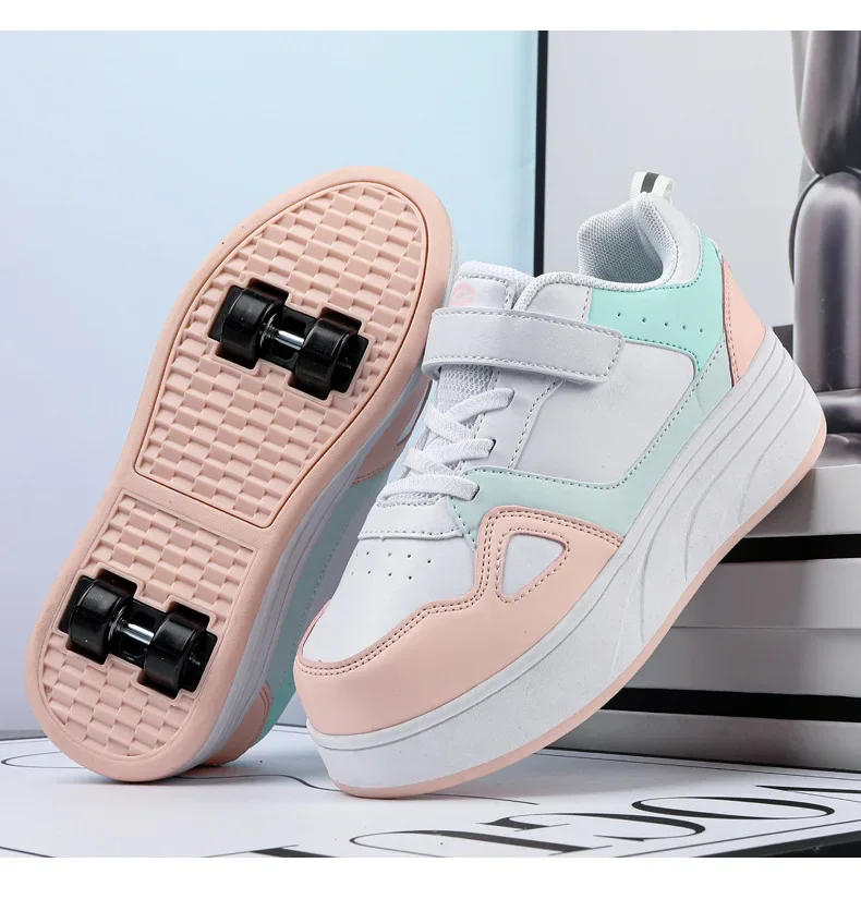 Description Picture 6 of itemNew Four Wheels Women & Girls PU Leather Children Roller Shoes Fashion Boys Sneakers Breathable Kids Skates Size 30-40