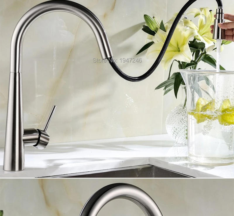 Description Picture 4 of itemHigh Arch Solid Brass Single Handle Single Hole Brushed Nickel Matte Black Pull Out Pull Down Sprayer Spring Kitchen Sink Faucet