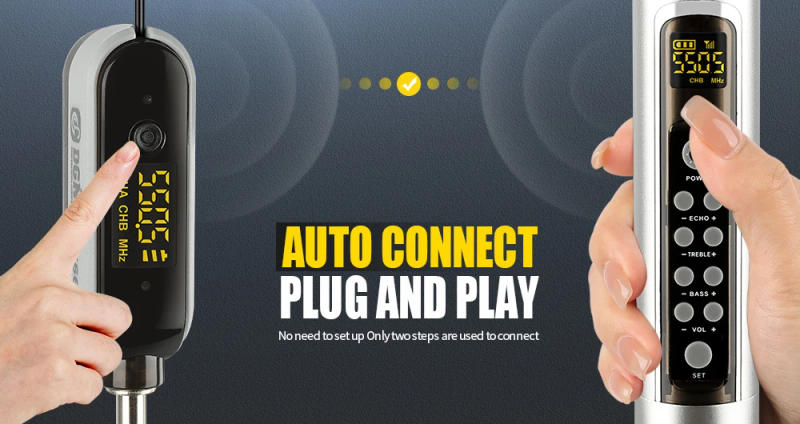 Description Picture 3 of item2 Channel Metal Wireless Microphone with Echo Treble Bass Karaoke UHF Dual Handheld Dynamic Mic System for Singing PA Speaker