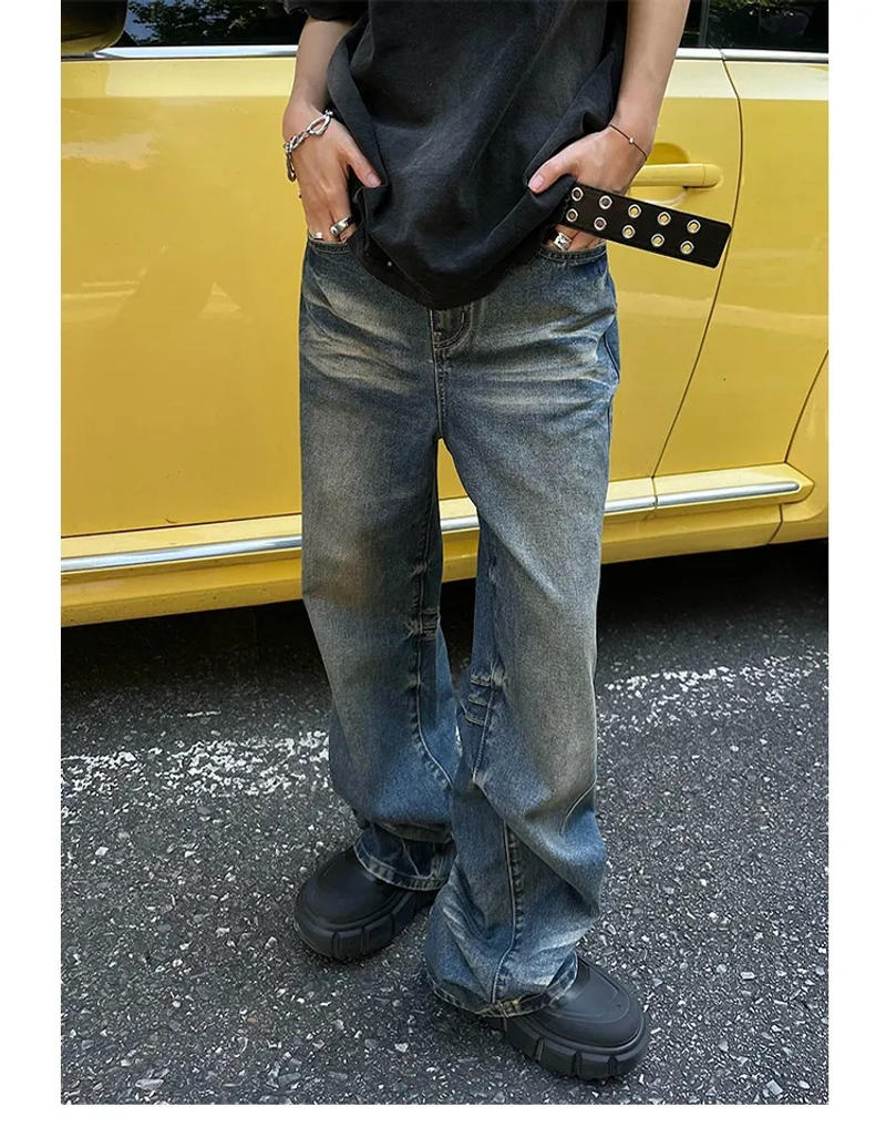 Description Picture 6 of itemWashed Distressed Pleated Straight Jeans Men's and Women's Loose Trousers