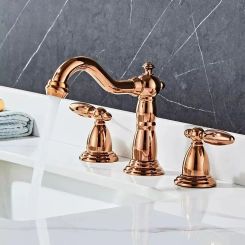Basin Faucet Brass Rose Gold Widespread Bathroom Antique Sink 3 Hole Hot And Cold Water Tap