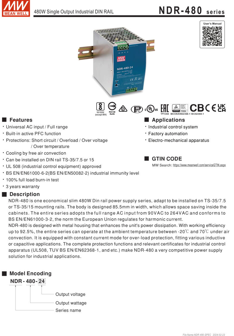 Description Picture 2 of itemMean Well DIN Rail Slim size LED Driver NDR-480 Series meanwell 24v/48v LED Transformer LED Power Supply Adapter