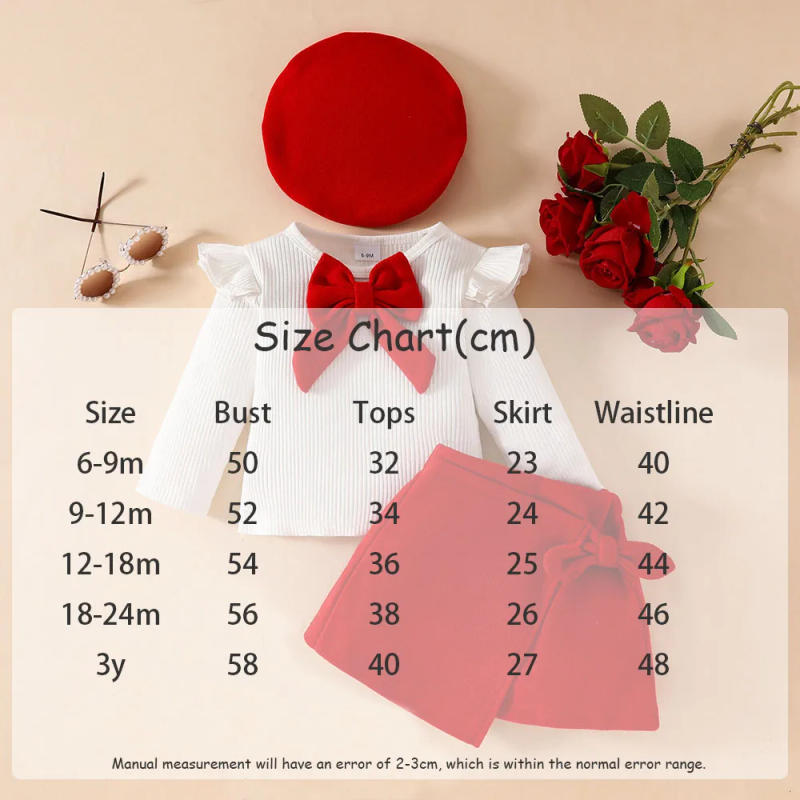 Description Picture 2 of itemMILANCEL 0-3Y Baby Girls Clothing Set Big Bow Blouse And Red Skirt With Beret 3 PCS Girls Clothes Suit Infant Girls Outwear