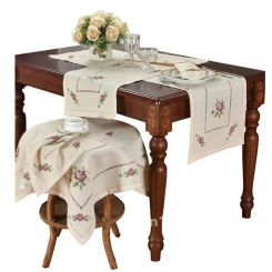[Camellia Casa]Romantic Cross-stitch Rose Table Runner & Tablecloth,Linen Look & Washable, White & Champagne Home Airbnb Hotel