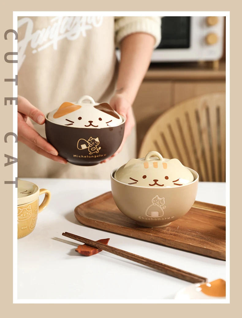 Description Picture 3 of itemCartoon Cat Ceramic Instant Noodle Bowl Japan Cute Cat Ceramic Bowl with Lid Fruit Bowl Cartoon Kitchen Tableware Lunch Box