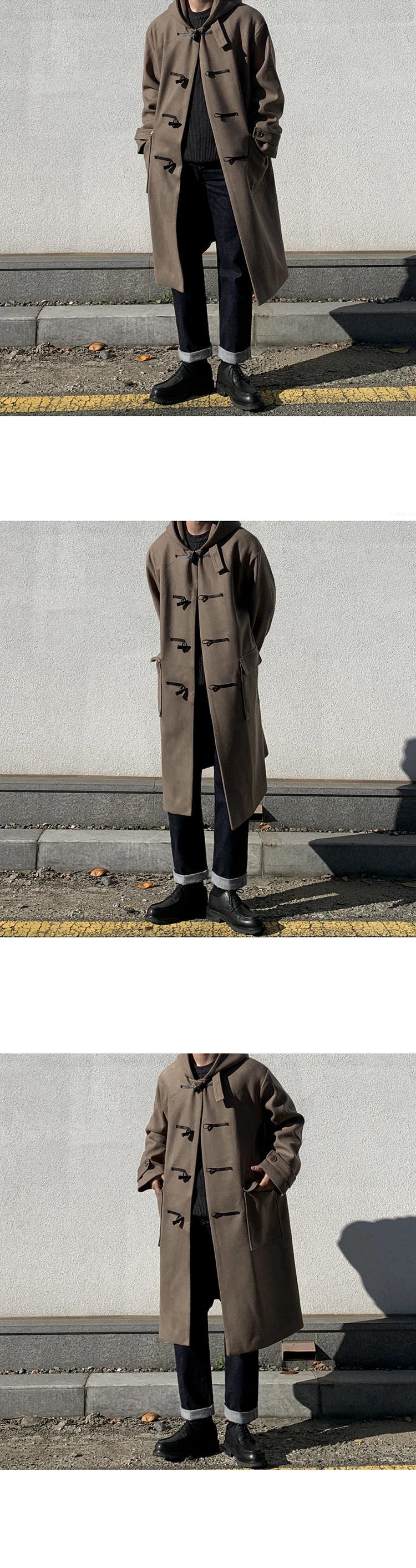 Description Picture 6 of itemMen's Hooded Horn Button Woolen Overcoat Korean Loose Windproof Long Lapel Trench Coats Male Solid Casual Daily Woolen Coat New