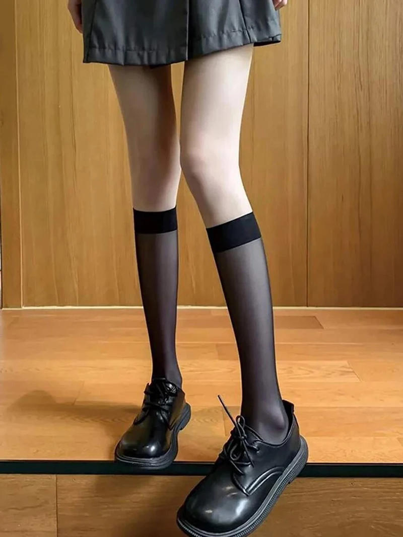 Description Picture 6 of item4 Pairs Black White Semi Transparent Nylon Socks Classic Versatile Suitable Daily Wear They Comfortable Breathable Casual Socks