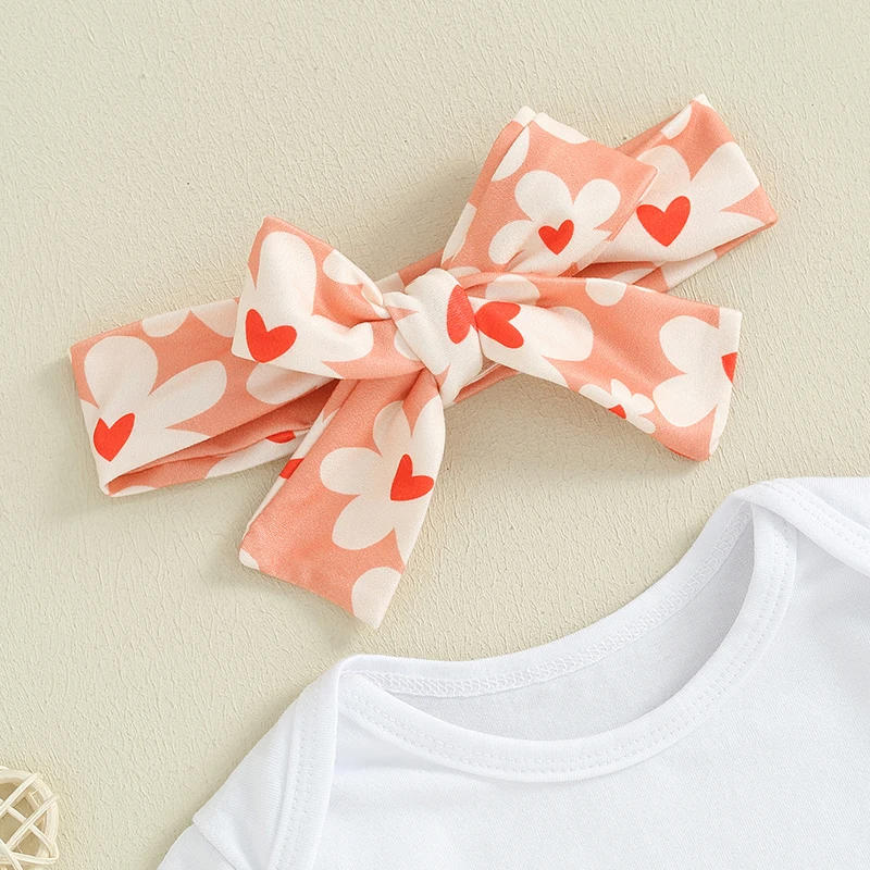 Description Picture 5 of itemBaby Girls Shorts Set Short Sleeve Letters Print Romper Flower Print Shorts with Hairband Valentines Day Clothes