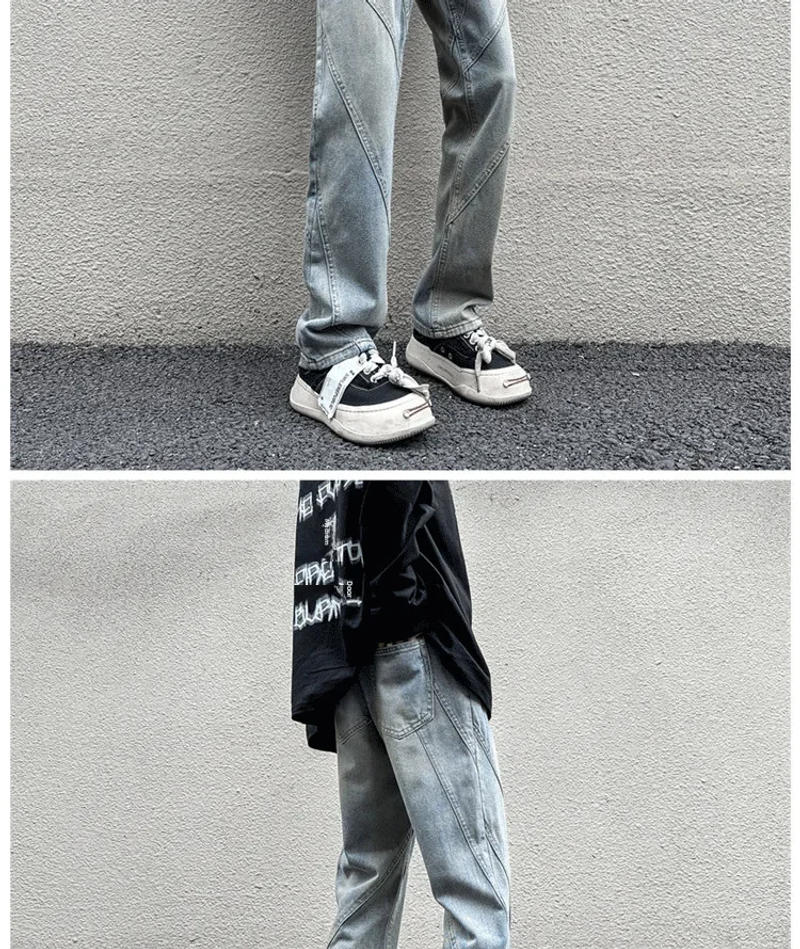 Description Picture 3 of itemAmerican Style High Street Washing Distressed Straight Leg Jeans For Men Trendy Fit Slimming Draped Vintage Patchwork Trousers