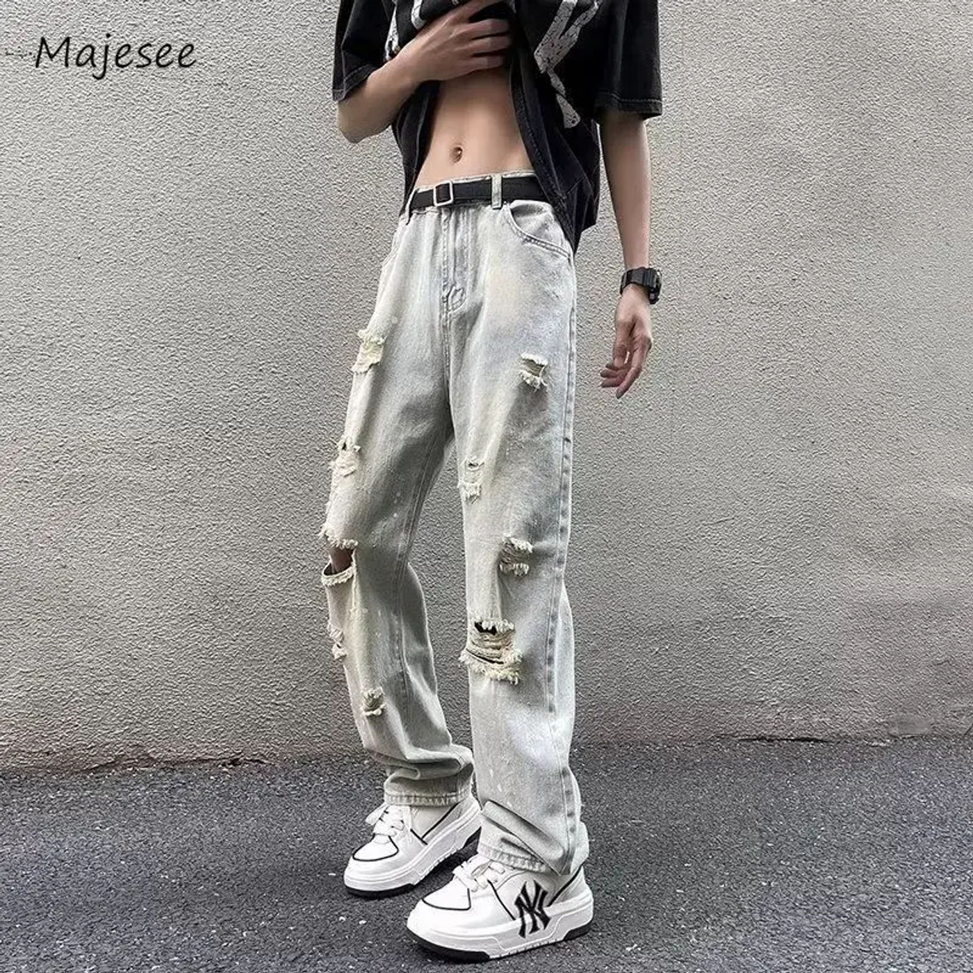 Description Picture 5 of itemJeans Men European Style Vintage Raw Edge Fashion Youthful Hole Shinny Hip-hop Cozy Spring Streetwear High Street Soft All-match