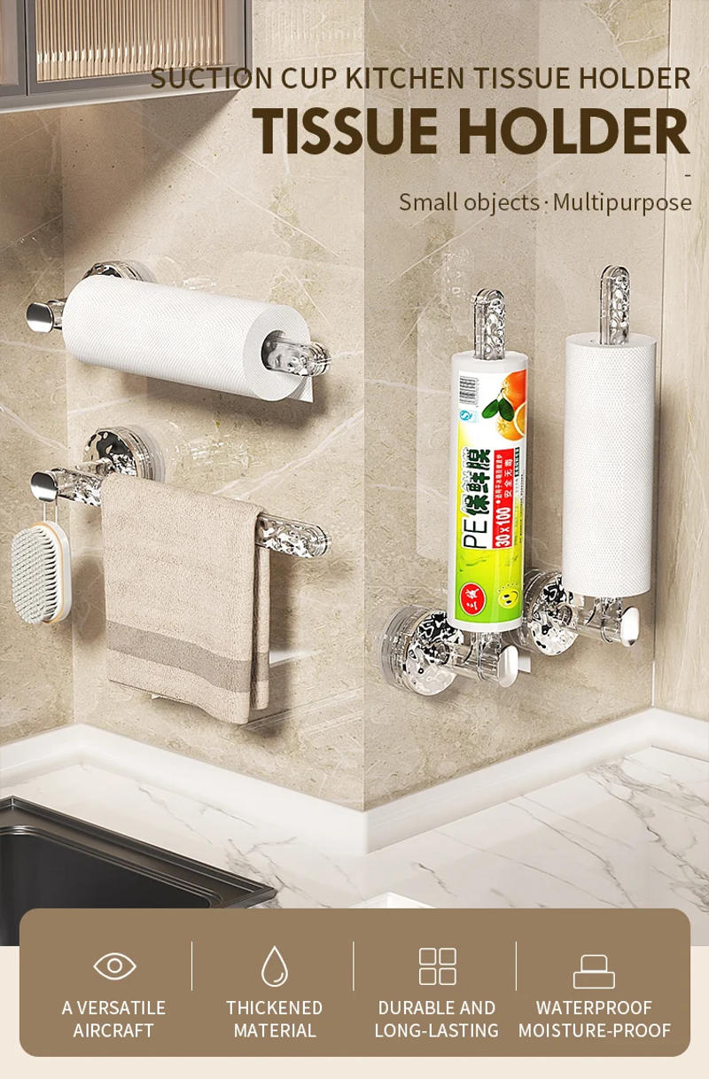Description Picture 2 of itemmr basket Suction Cup Kitchen Tissue Holder Non Perforated Cabinet Cling Film Storage Rack Cloth Tissue Paper Roll Holder
