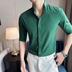 Plus Size 4XL Summer Half Sleeve Tuxedo Shirts For Men Clothing 2023 Simple All Match Solid Business Formal Wear Slim Fit Blouse