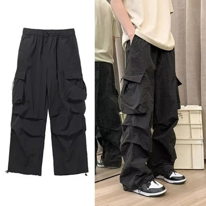Description Picture 5 of itemMen Cargo Pants Multi Pockets Solid Color Loose Deep Crotch High Street Hip Hop Elasic Waist Full Length Men Long Trousers