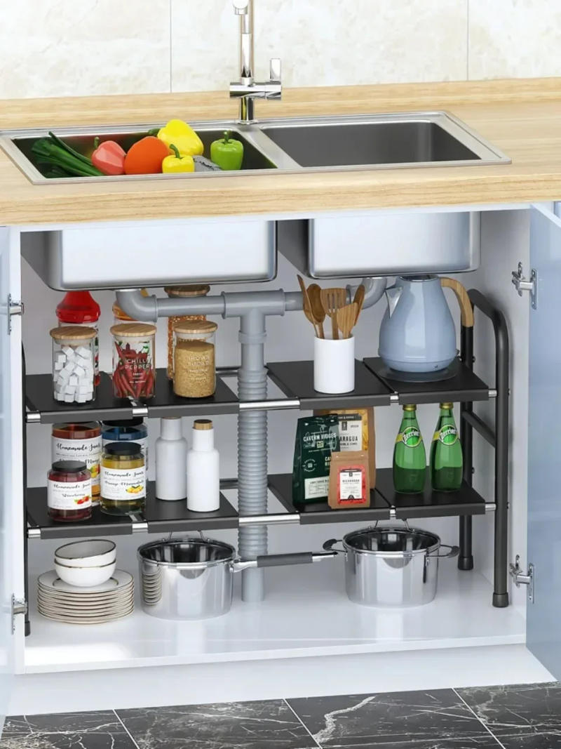 Description Picture 4 of itemKitchen Dish Drying Rack Under Sink Countertop Organizer Adjustable Kitchen Storage Shelf Stainless Steel Expandable Pots Shelf