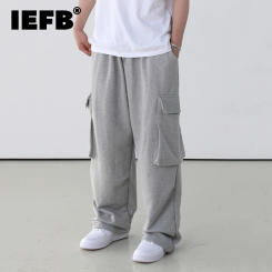 IEFB Korean Style Sweatpants Straight Wide Leg Men's Casual Pants 2024 Summer New Drawstring Fashion Loose Male Overalls C5648