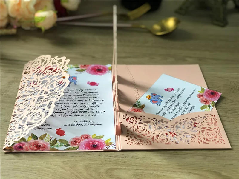 Description Picture 4 of item10 pieces 3D Pop-Up Light Blue Wedding Invitation Card, Tri-folded Laser Cut Pocket Bride & Groom Greeting Invite Cards IC144