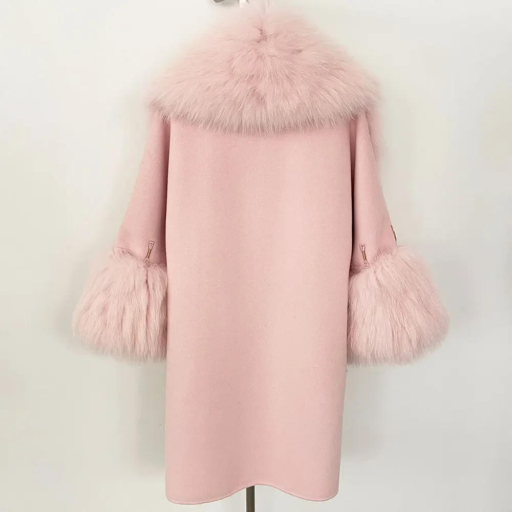 Description Picture 3 of itemMENINA Autumn Winter Women Coat Real Natural Fox Fur V-neck Double-faced Woolen Blends Jacket Thick Warm Casual New Overwears