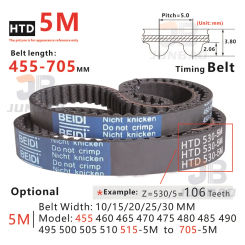 HTD5M Timing Belt 455 to 705mm length 5M synchronous toothed belt suitable for conveying systems such as DIY/CNC/3D printers